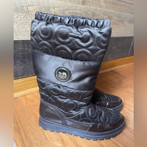 Coach Patent Leather Signature Fabric Brown Slip on Drexel Winter Boots Size 7 B - Picture 3 of 6